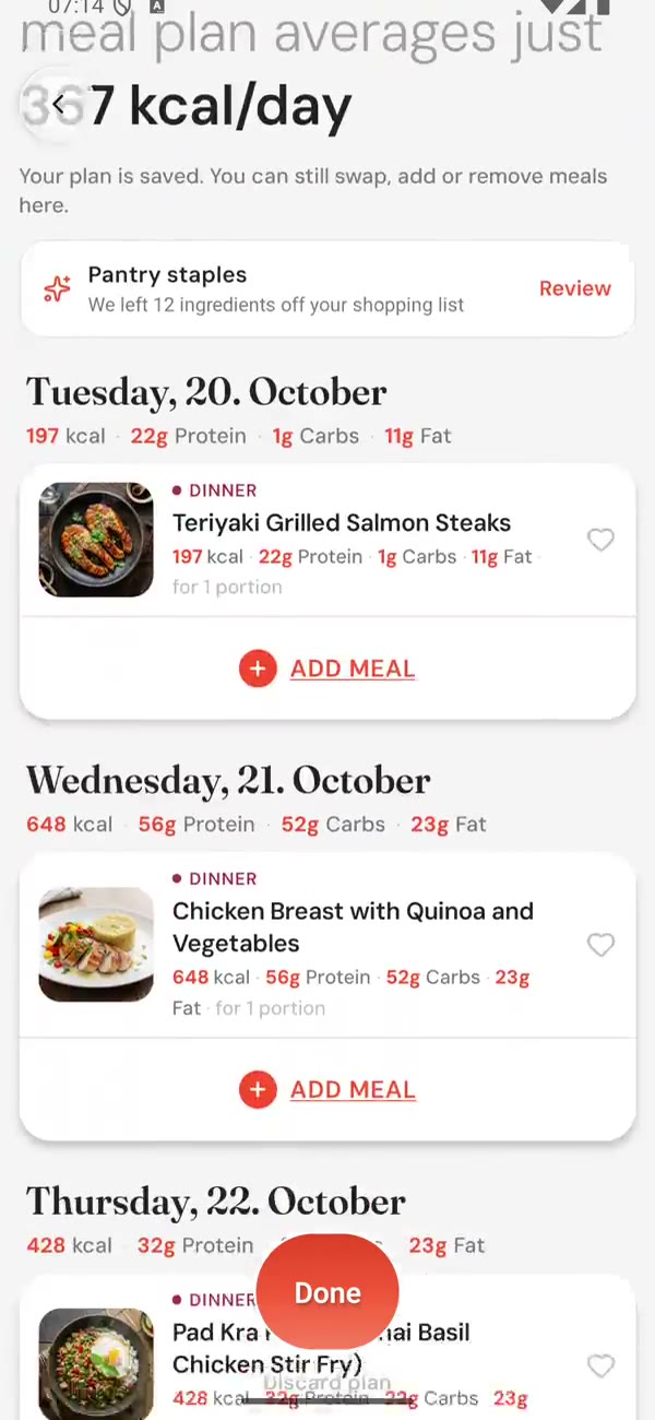 The PlannyMeals app: a shared recipe becomes a meal, the week plans itself and the shopping list fills up.